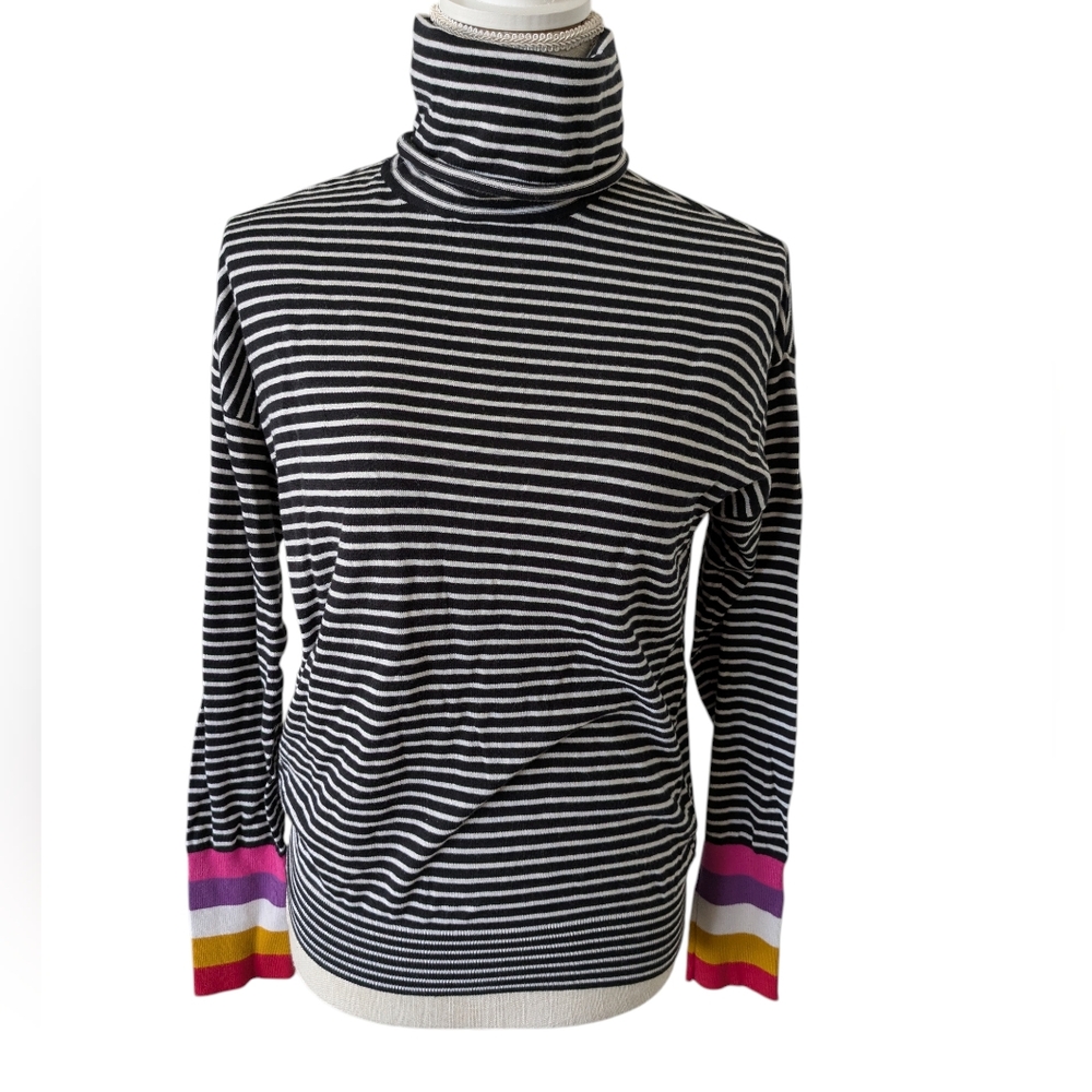 Knit Turtleneck Sweater Fitted Top‎ Striped Colorful Cuffs